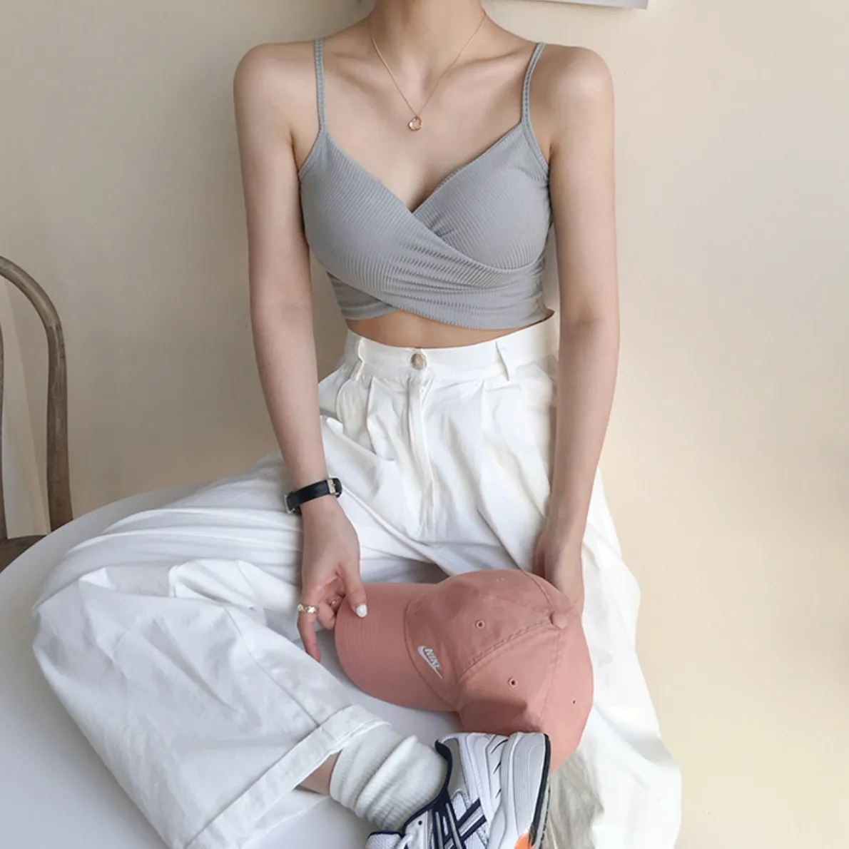[Korean Style] Cerise Cotton Wrap Cropped Camis