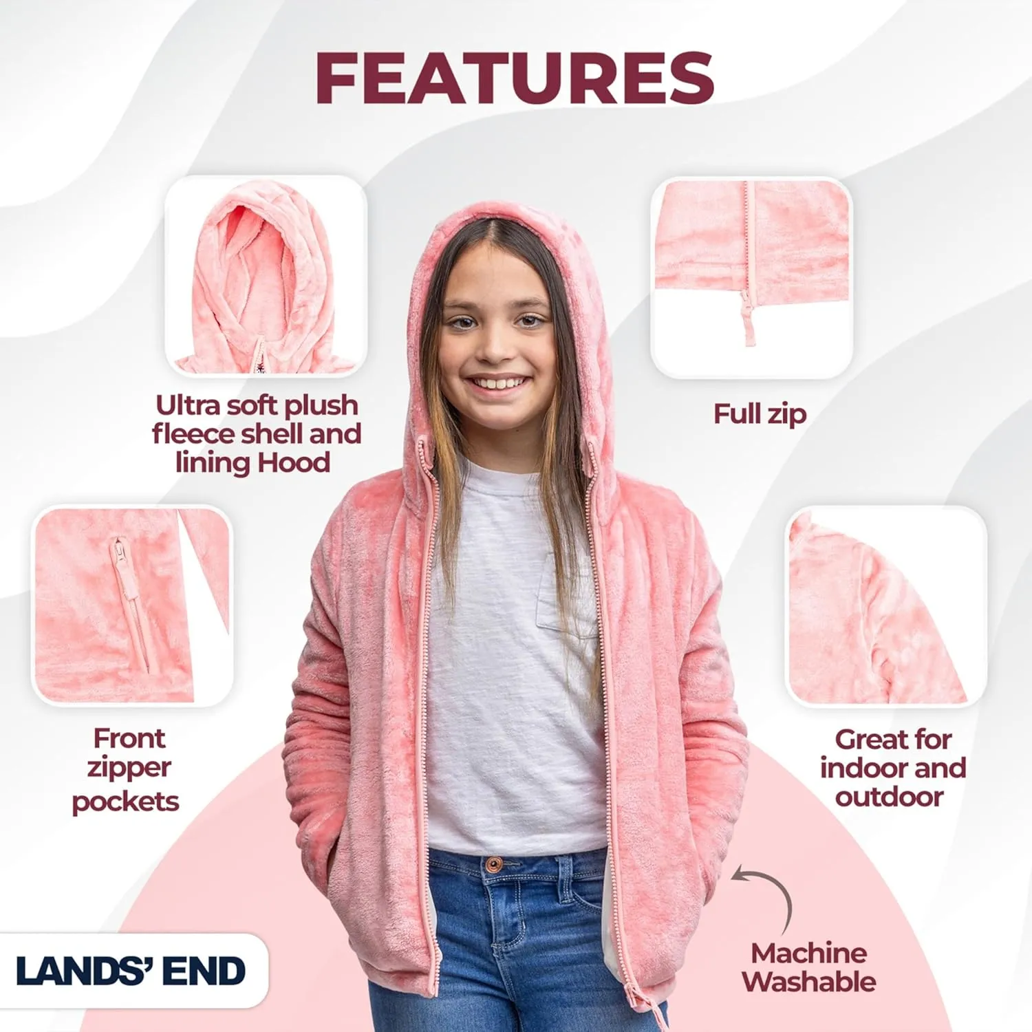 Lands' End Girls Softest Fleece Full Zip Hoodie Sweatshirt (XS-L)