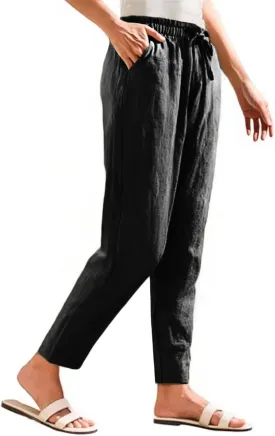 Linen Pants Women Cropped Lightweight Summer Drawstring Pant Petite Length Straight Leg Tapered Pants with Pockets