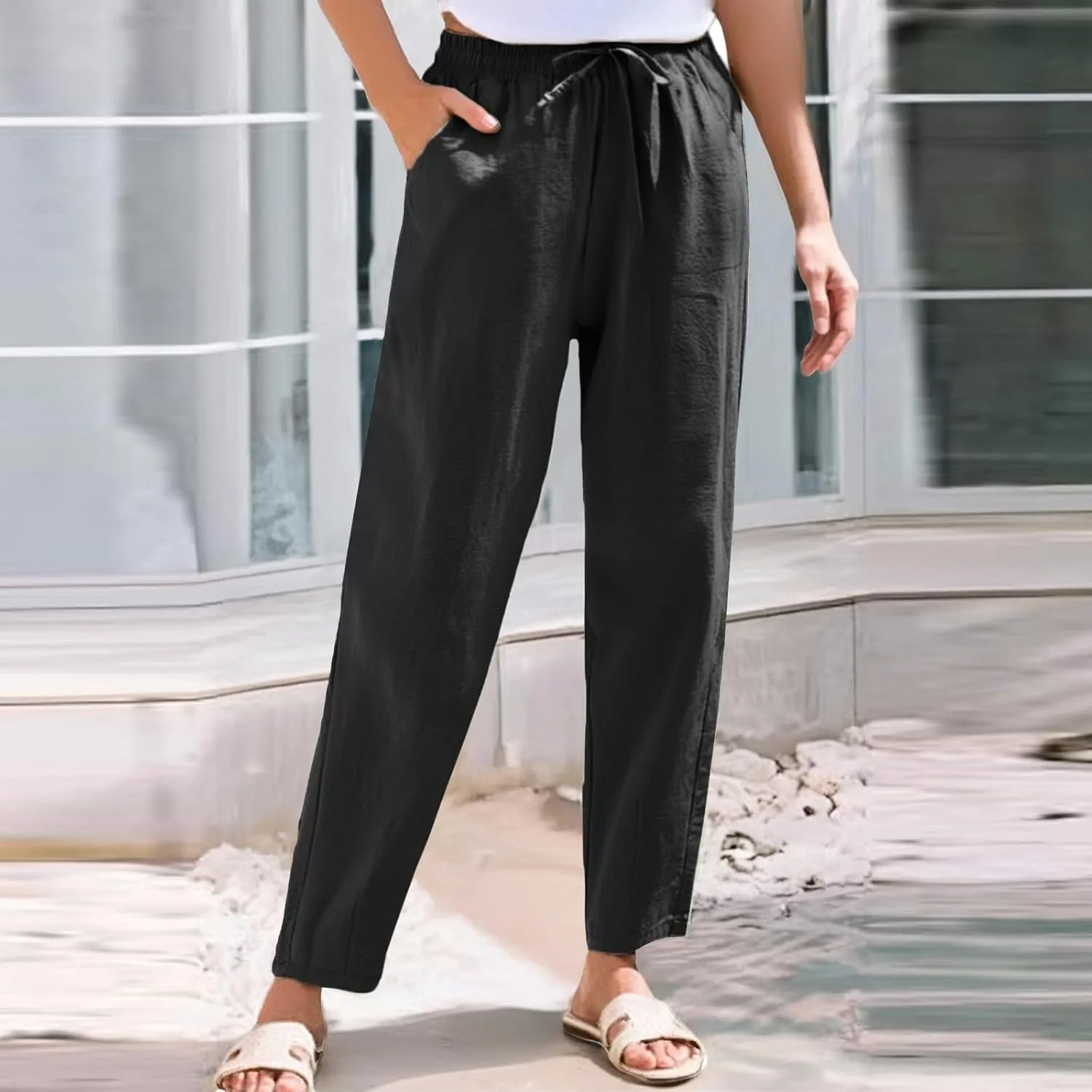 Linen Pants Women Cropped Lightweight Summer Drawstring Pant Petite Length Straight Leg Tapered Pants with Pockets