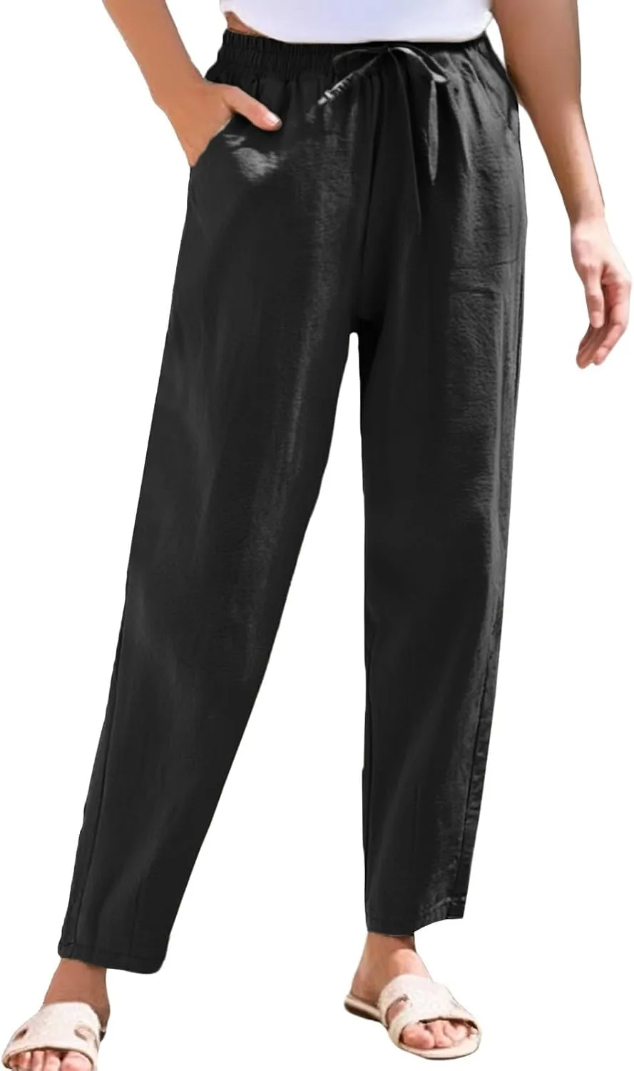 Linen Pants Women Cropped Lightweight Summer Drawstring Pant Petite Length Straight Leg Tapered Pants with Pockets