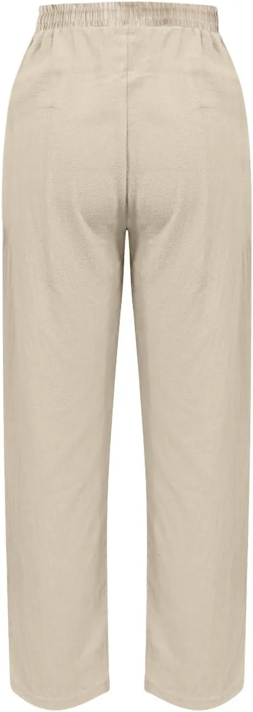 Linen Pants Women Petite 2025 Summer Elastic Drawstring Casual Trouser Lightweight Soft Beach Lounge Pant with Pocket