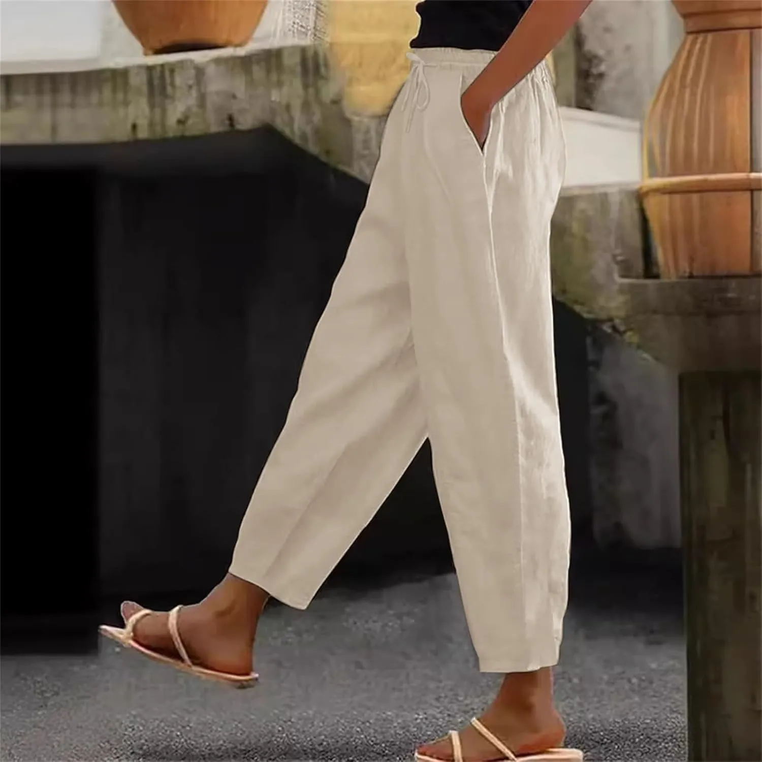 Linen Pants Women Petite 2025 Summer Elastic Drawstring Casual Trouser Lightweight Soft Beach Lounge Pant with Pocket