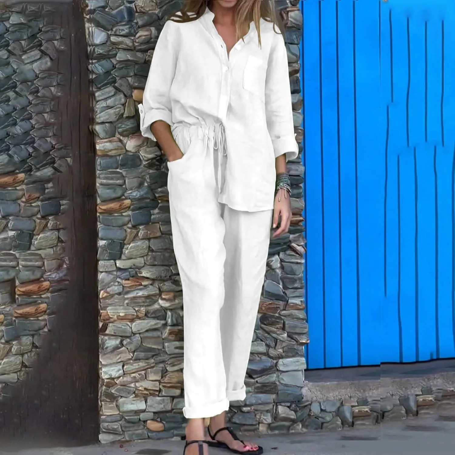 Linen Set for Women 2 Piece Outfits Casual Pants Sets Plus Size Track Suits Solid Color Lounge Wear with Pockets