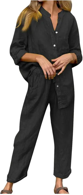 Linen Set for Women 2 Piece Outfits Casual Pants Sets Plus Size Track Suits Solid Color Lounge Wear with Pockets