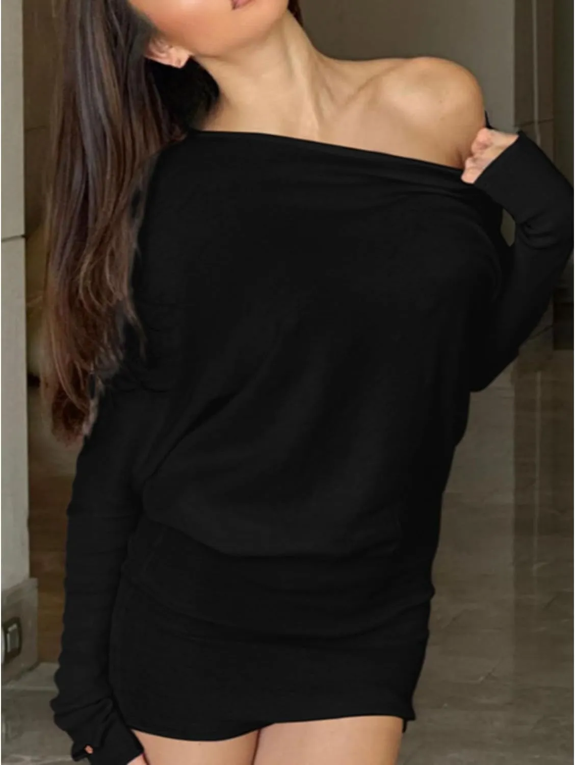 Loose Fit Sheer Dress Batwing Off The Shoulder Long Sleeve Mini Ruched Oversized Casual Streetwear Sexy Dress