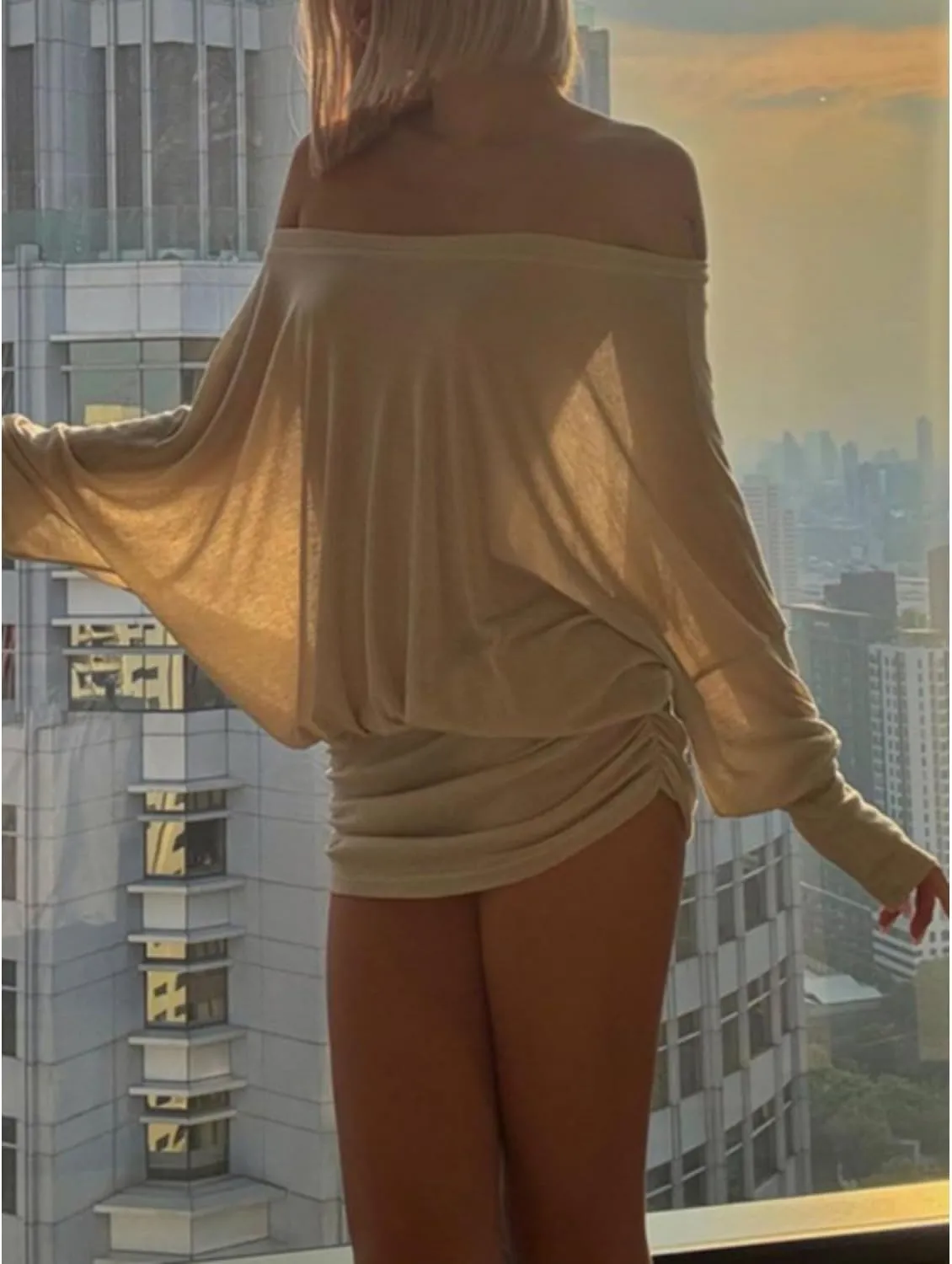 Loose Fit Sheer Dress Batwing Off The Shoulder Long Sleeve Mini Ruched Oversized Casual Streetwear Sexy Dress
