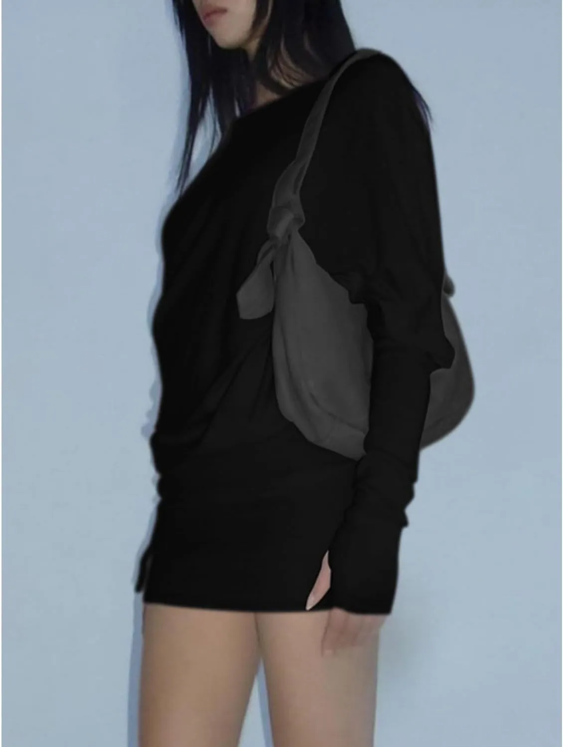 Loose Fit Sheer Dress Batwing Off The Shoulder Long Sleeve Mini Ruched Oversized Casual Streetwear Sexy Dress