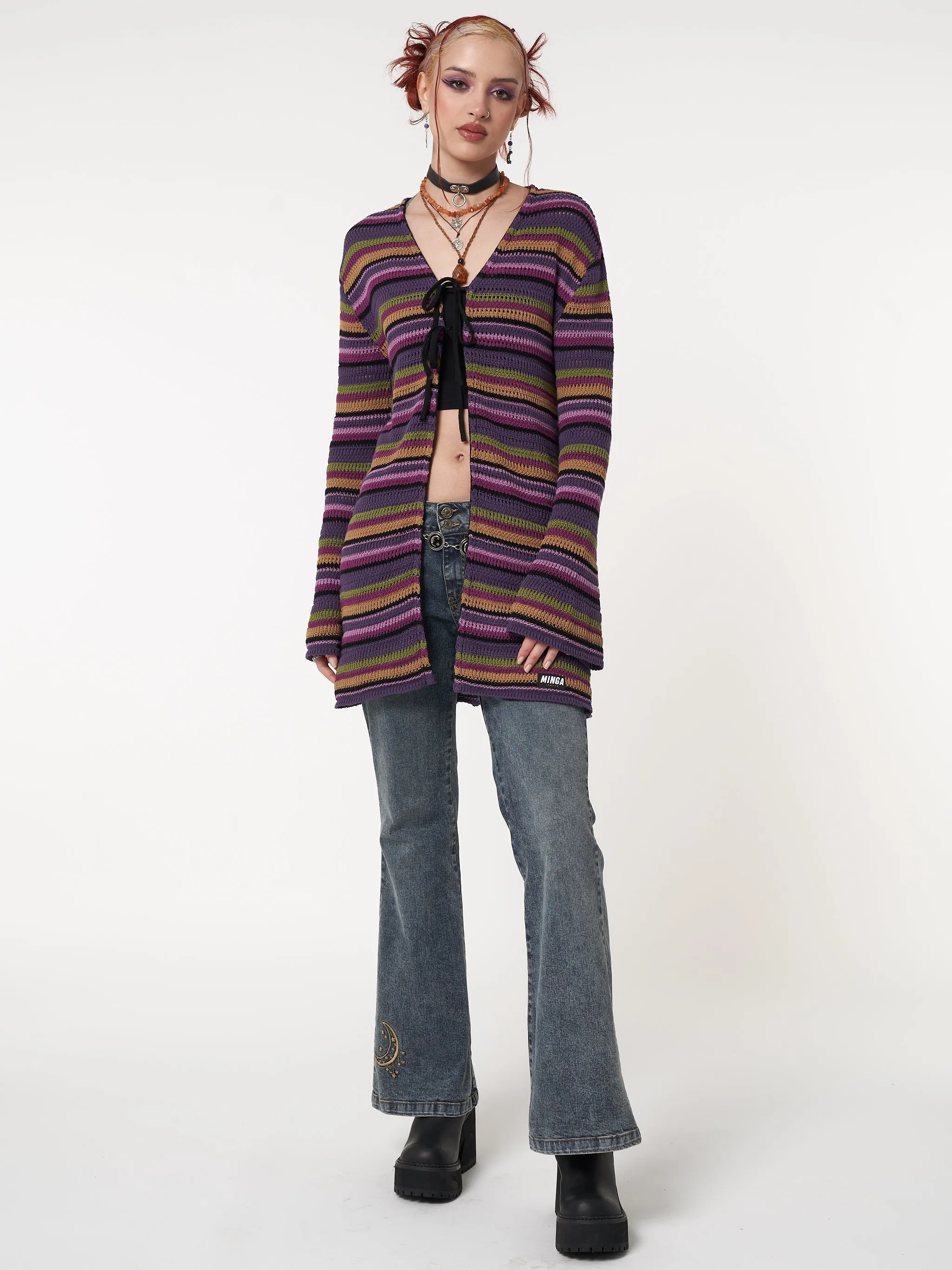 Luna Striped Tie Front Knit Cardigan