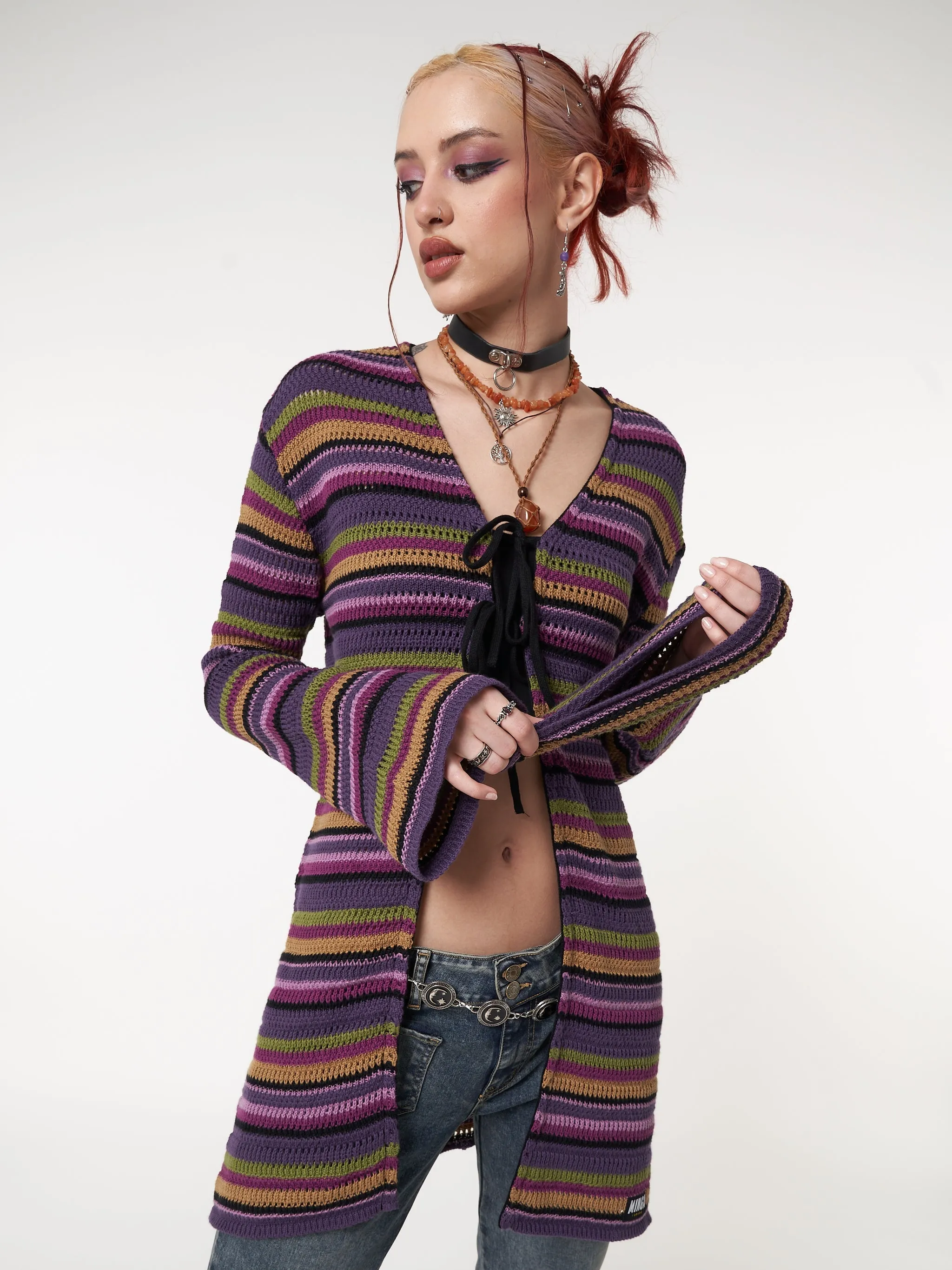 Luna Striped Tie Front Knit Cardigan