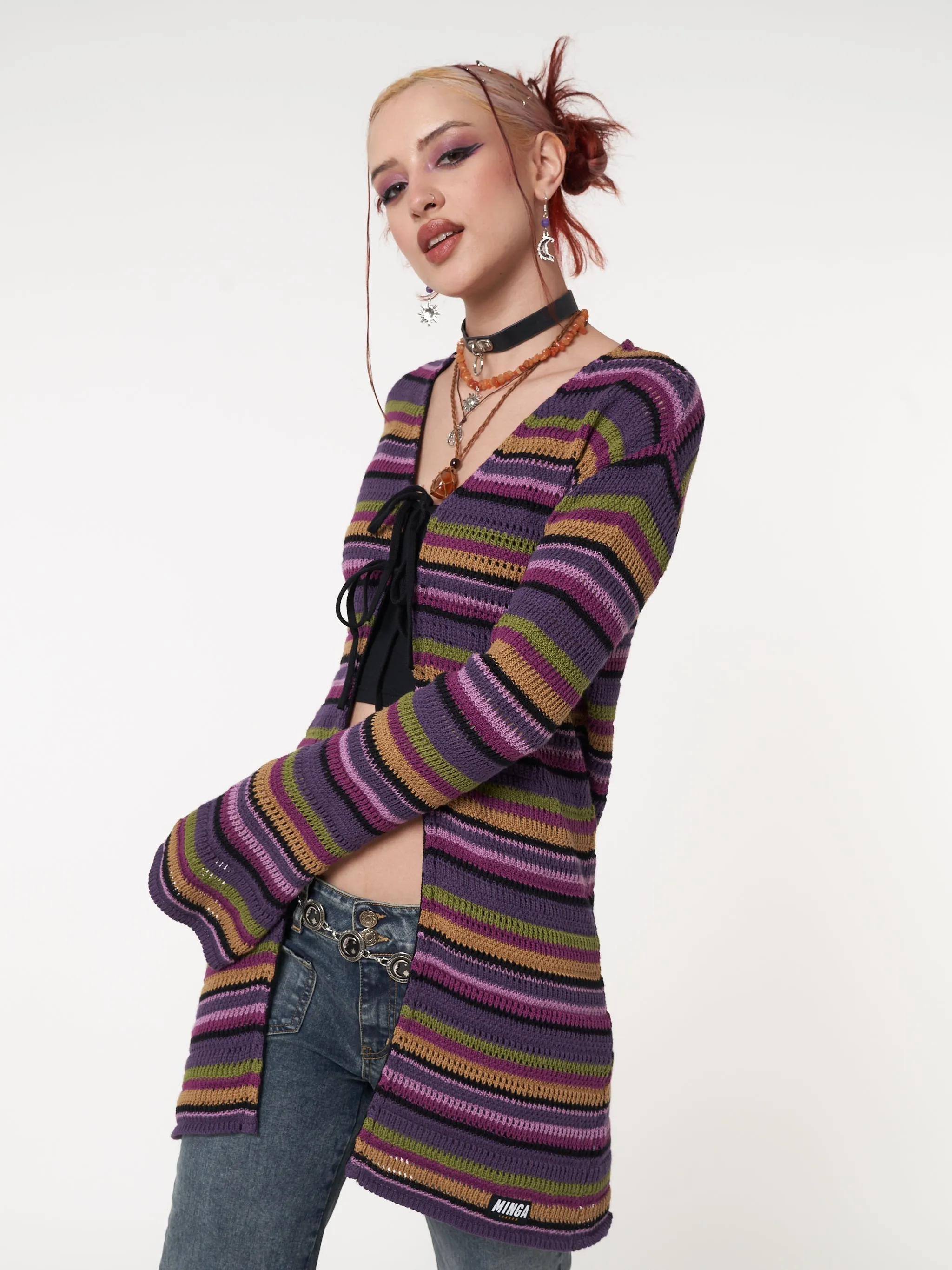 Luna Striped Tie Front Knit Cardigan