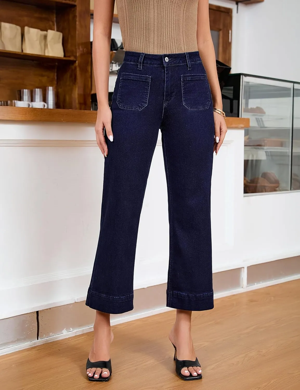 luvamia Wide Leg Jeans for Women Trendy High Waisted Flare Jeans Cropped Denim Pants Stretchy Baggy with Patch Pockets
