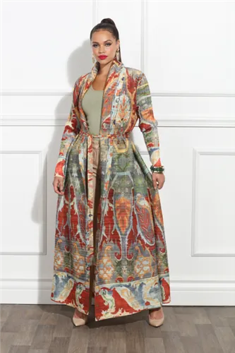Luxe Moda LM377 Long Fall Print Cardigan with Belt