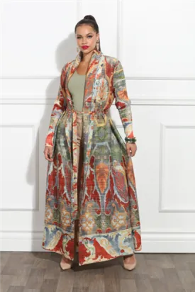 Luxe Moda LM377 Long Fall Print Cardigan with Belt