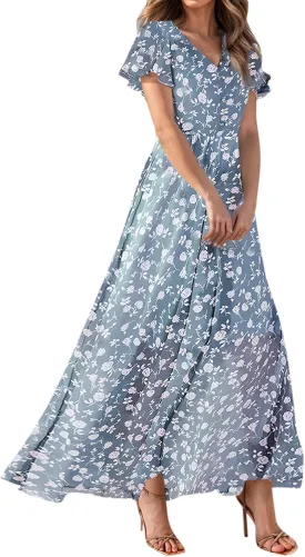 Maxi Dresses for Women Summer Highwaisted Prom Dress Floral Chiffon Flutter Sleeve Boho Dress Vneck Tea Party Dresses