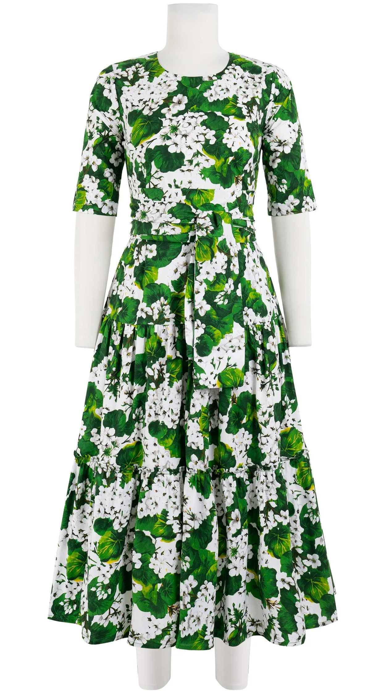 Melanie Dress #2 Crew Neck 1/2 Sleeve Midi Plus Length Cotton Stretch (Rockcress Flower White)