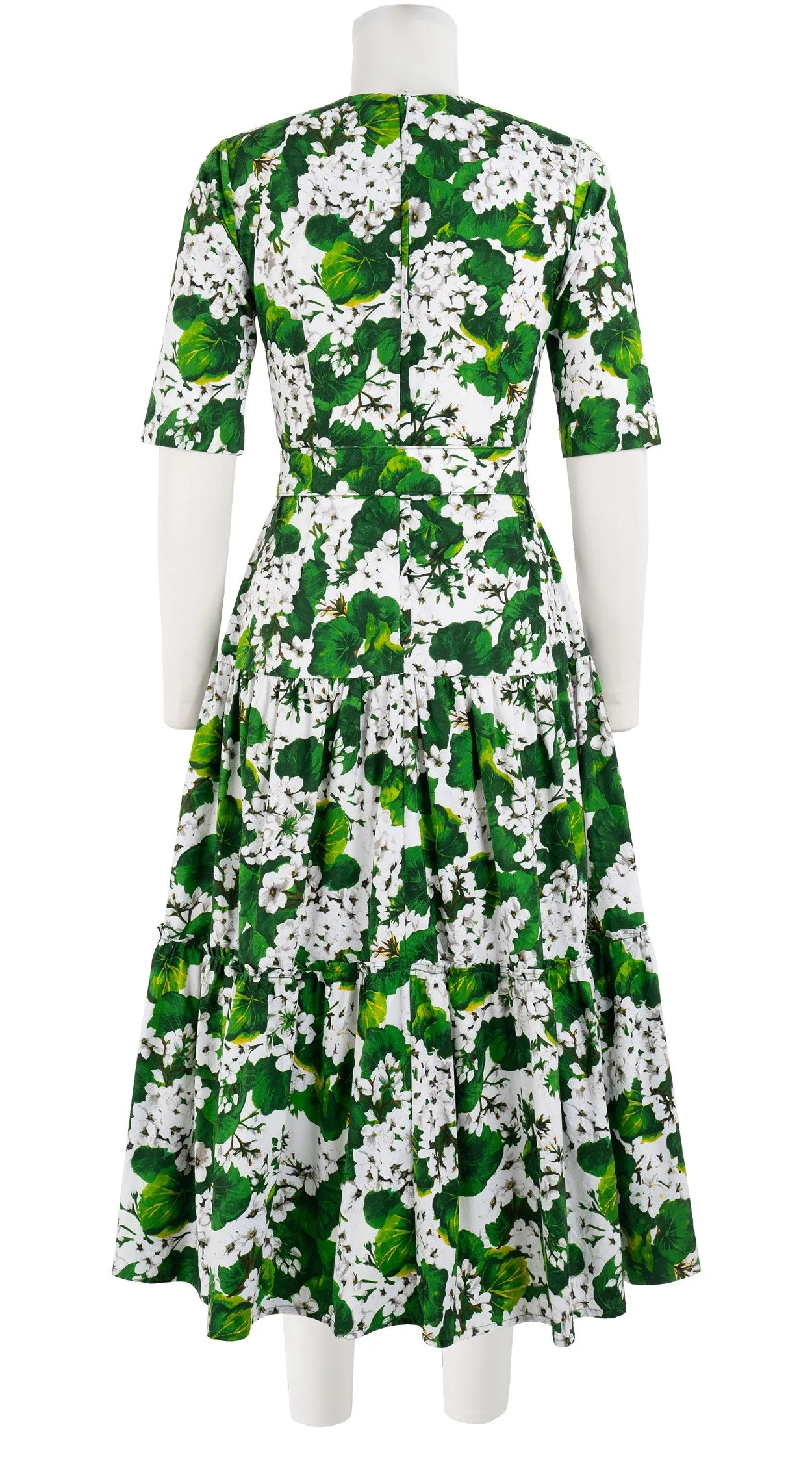 Melanie Dress #2 Crew Neck 1/2 Sleeve Midi Plus Length Cotton Stretch (Rockcress Flower White)