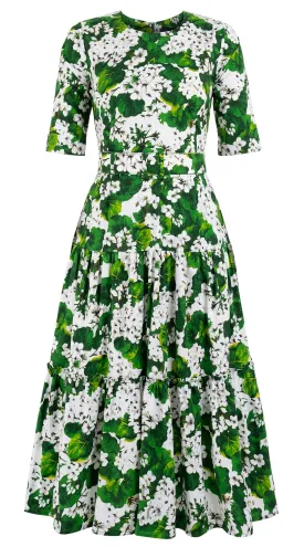 Melanie Dress #2 Crew Neck 1/2 Sleeve Midi Plus Length Cotton Stretch (Rockcress Flower White)