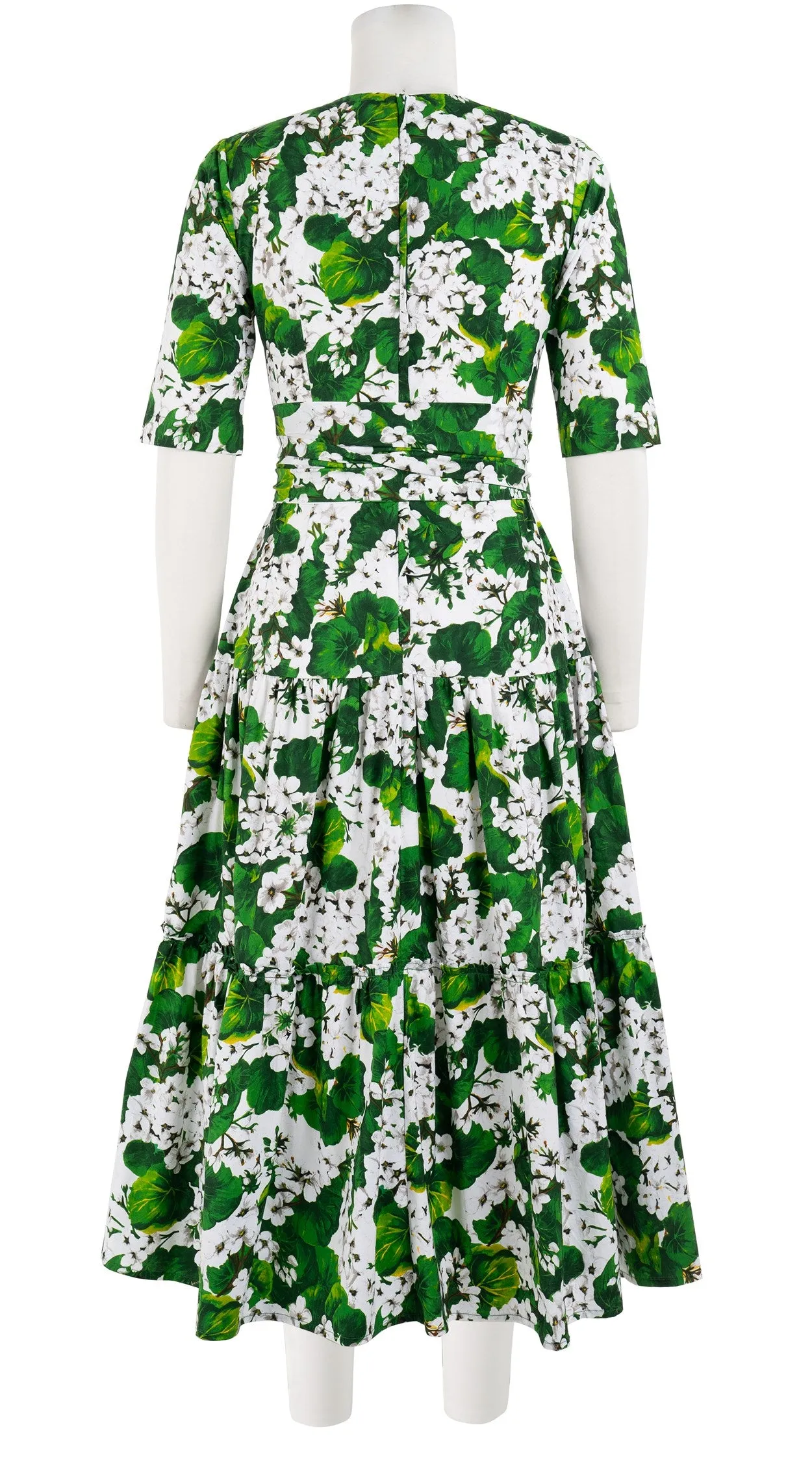 Melanie Dress #2 Crew Neck 1/2 Sleeve Midi Plus Length Cotton Stretch (Rockcress Flower White)