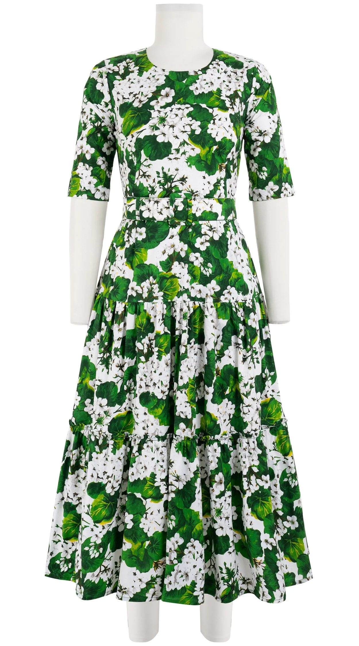 Melanie Dress #2 Crew Neck 1/2 Sleeve Midi Plus Length Cotton Stretch (Rockcress Flower White)