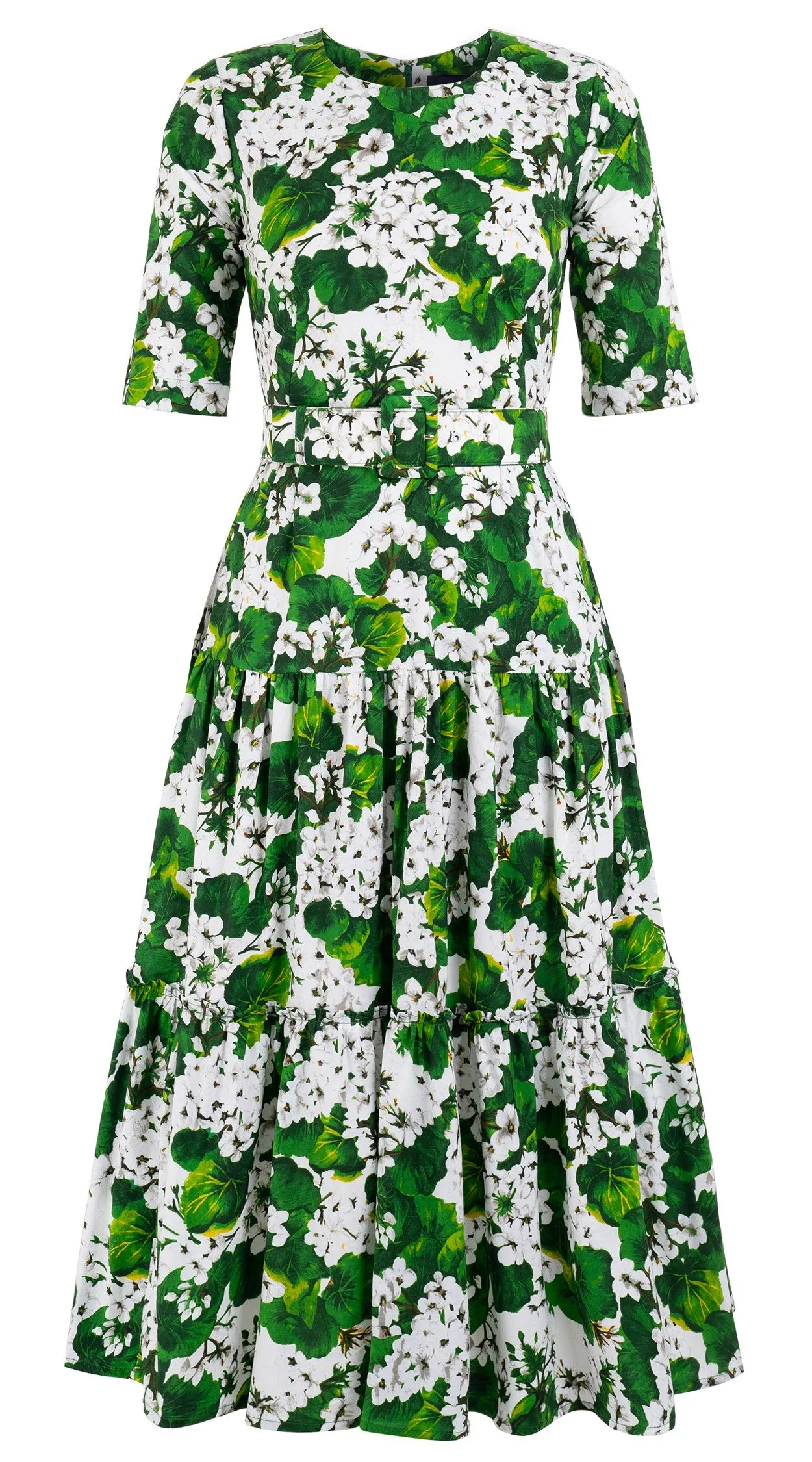 Melanie Dress #2 Crew Neck 1/2 Sleeve Midi Plus Length Cotton Stretch (Rockcress Flower White)