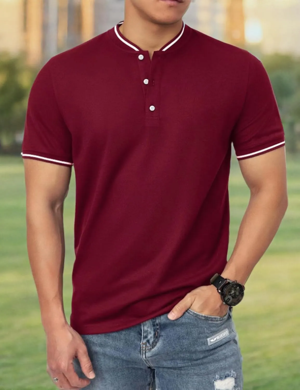 Men's Polo Shirts Casual Short Sleeve Cotton Pique Polo T Shirts Classic Collarless Golf Shirts for Men