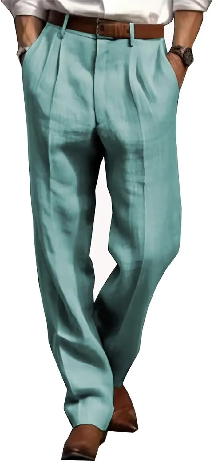 Men's Summer Linen Pleated Front Dress Pants Comfortable Breathable Straight Leg Suit Trousers for Daily Travel