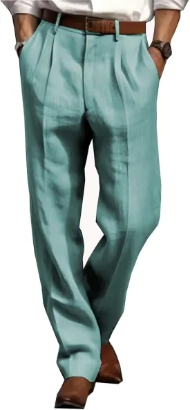 Men's Summer Linen Pleated Front Dress Pants Comfortable Breathable Straight Leg Suit Trousers for Daily Travel