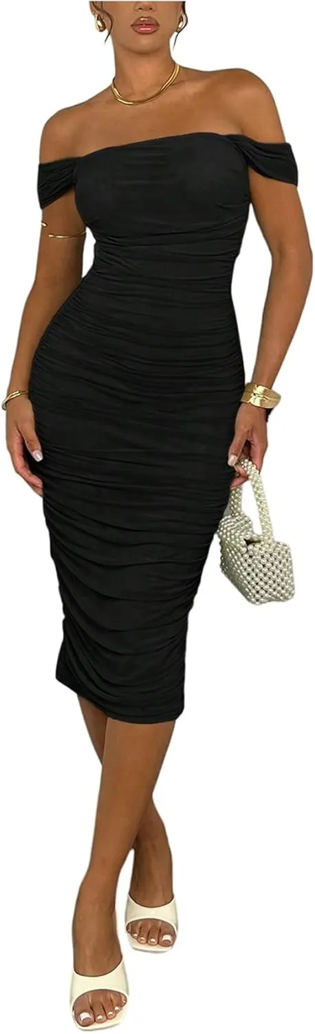 Milumia Women's Off The Shoulder Ruched Midi Dress Short Sleeve Bodycon Pencil Party Club Dresses