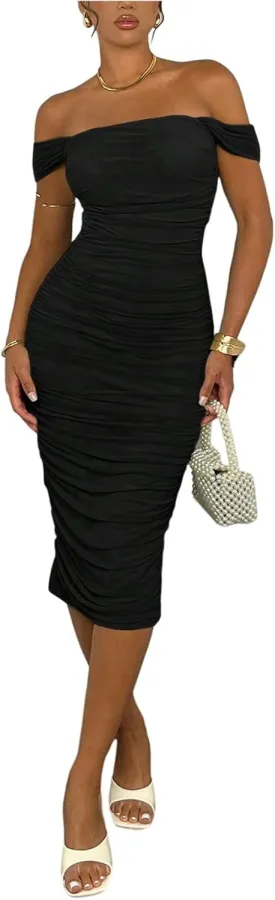 Milumia Women's Off The Shoulder Ruched Midi Dress Short Sleeve Bodycon Pencil Party Club Dresses