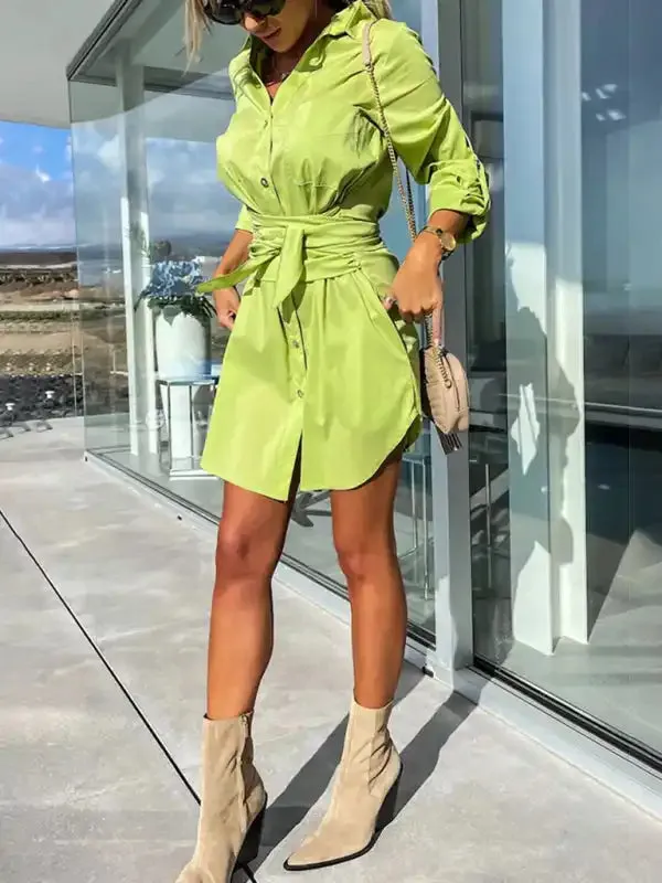 New lace-up cardigan multi-color roll-sleeve shirt dress
