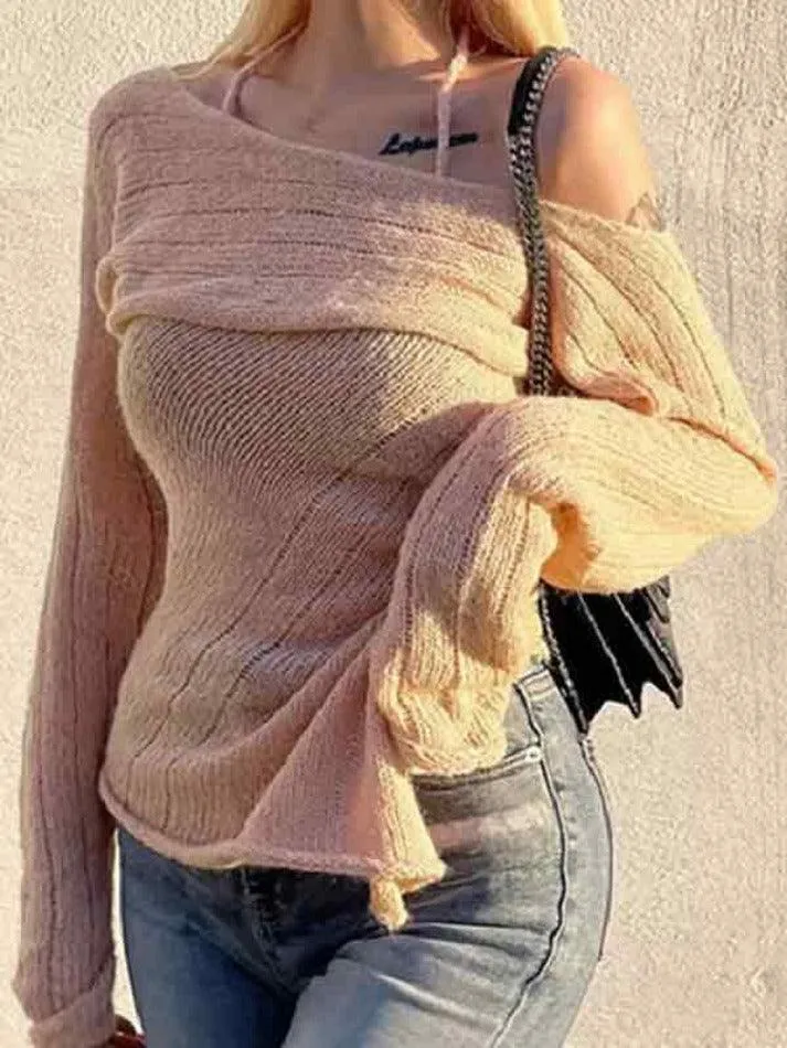 Off Shoulder Irregular Hem Halter Long Sleeve Knit