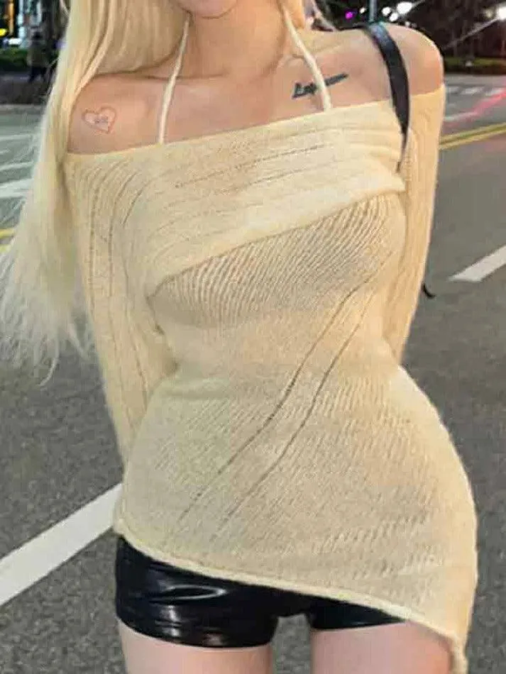 Off Shoulder Irregular Hem Halter Long Sleeve Knit