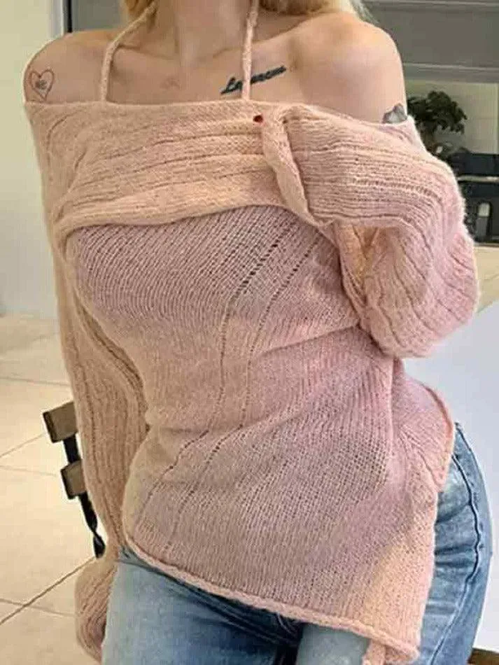 Off Shoulder Irregular Hem Halter Long Sleeve Knit