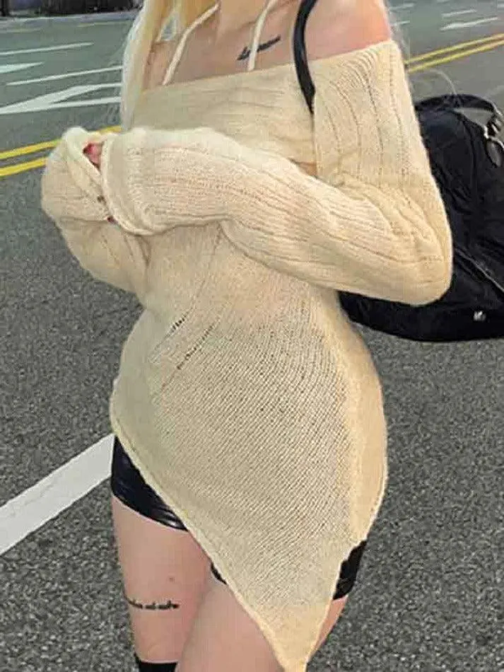 Off Shoulder Irregular Hem Halter Long Sleeve Knit