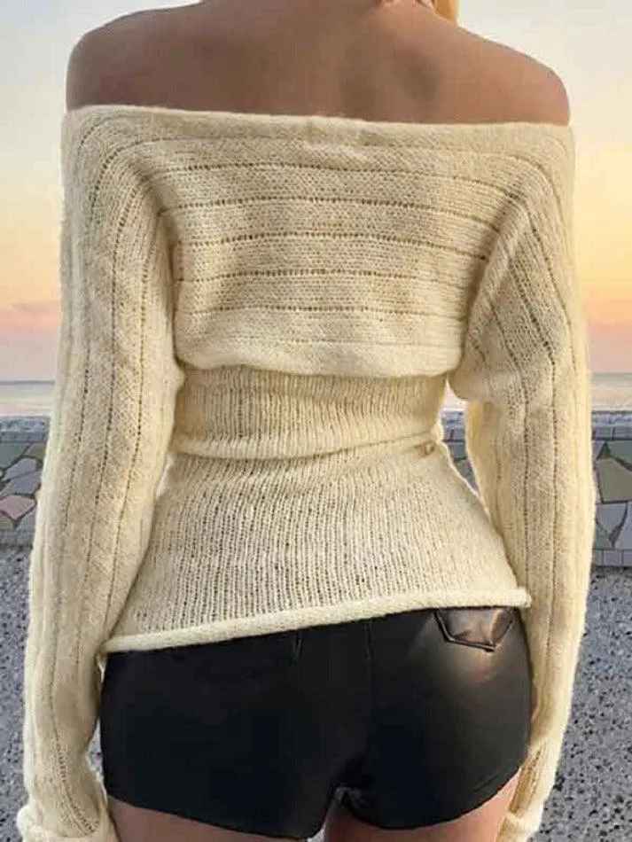 Off Shoulder Irregular Hem Halter Long Sleeve Knit
