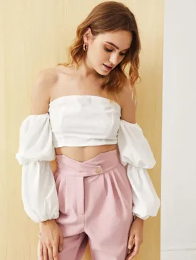 Off Shoulder Lantern Sleeve Crop Top