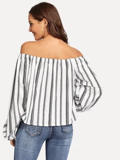 Off the shoulder stripe ballon sleeve fashion blouse