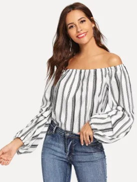 Off the shoulder stripe ballon sleeve fashion blouse