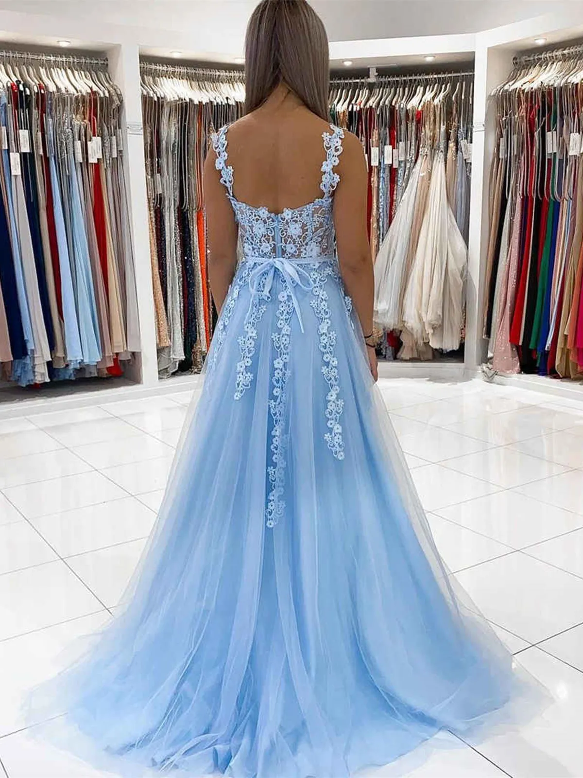 Open Back Light Blue Tulle Lace Floral Long Prom Dresses, Light Blue Lace Formal Graduation Evening Dresses with 3D Flowers