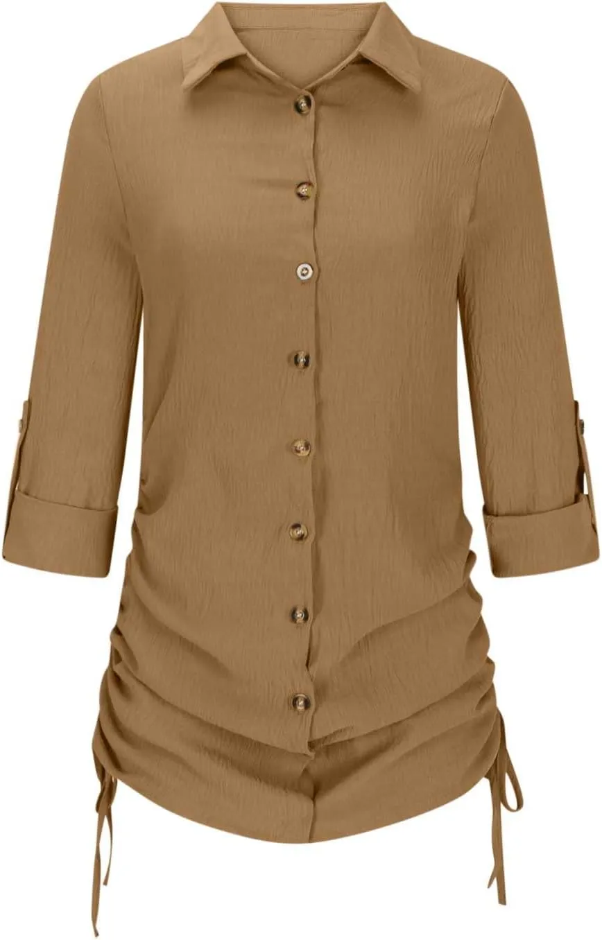 Oplxuo Women's Long Sleeve Button Down Shirt Dress Both Sides Drawstring Long Blouse Tunic Tops Collared Short Mini Dresses