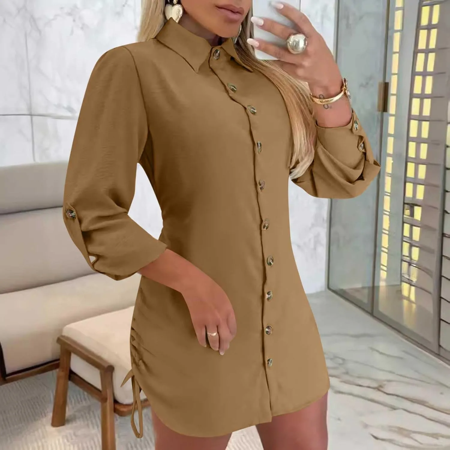 Oplxuo Women's Long Sleeve Button Down Shirt Dress Both Sides Drawstring Long Blouse Tunic Tops Collared Short Mini Dresses