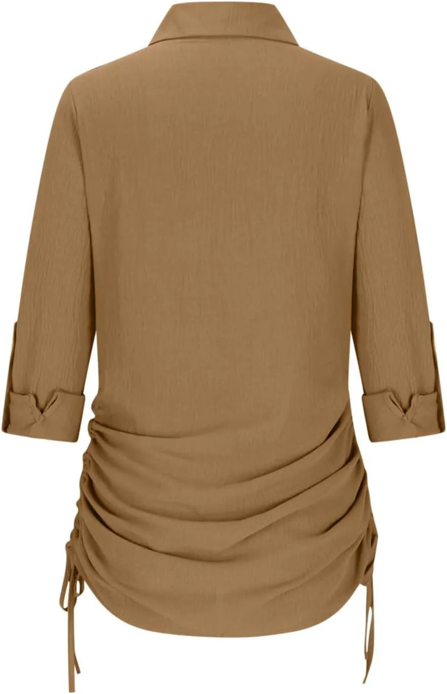 Oplxuo Women's Long Sleeve Button Down Shirt Dress Both Sides Drawstring Long Blouse Tunic Tops Collared Short Mini Dresses