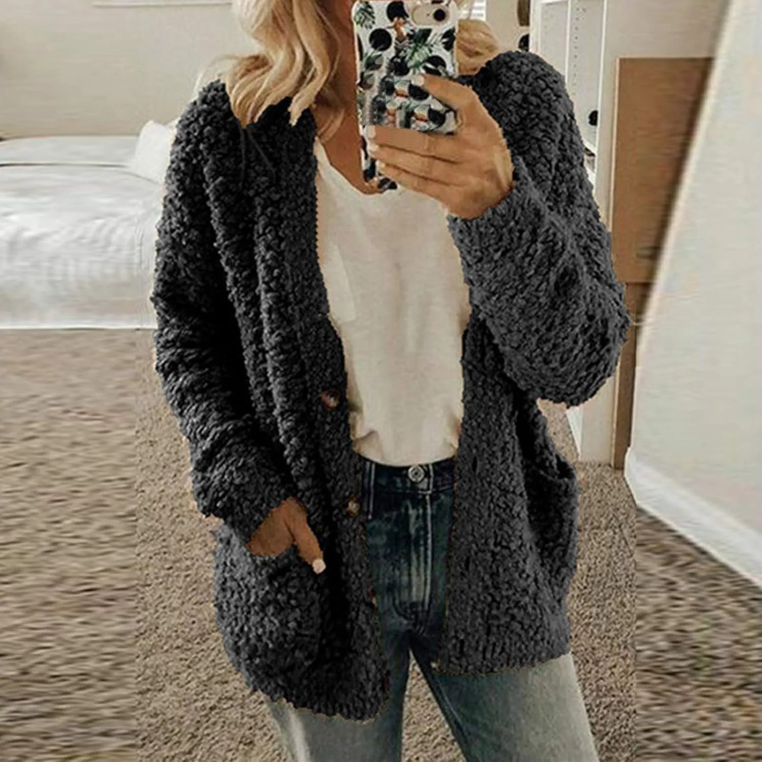 Oversized Warm Winter Coats Plus Size Warm Coat Lapel Double-Breasted Daily Outercoat with Flufff Coat with Pockets