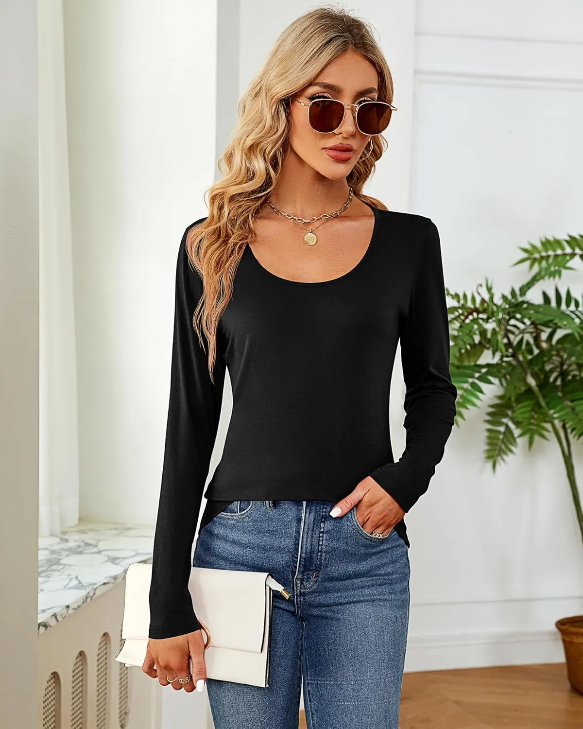 Riyiper 2 Pcs Womens T Shirt Tops with Scoop Neck Basic Casual Tee Women Basic Layer Shirts