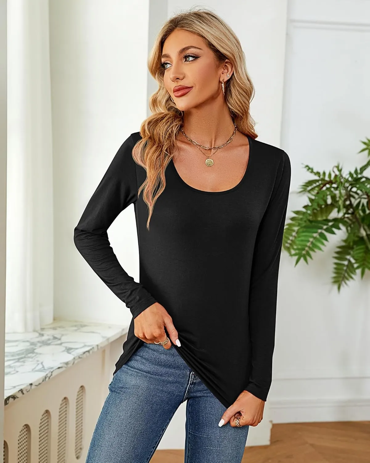 Riyiper 2 Pcs Womens T Shirt Tops with Scoop Neck Basic Casual Tee Women Basic Layer Shirts