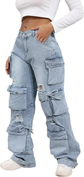 Ryehack Women??s Baggy Jeans Y2k Cargo Jeans Casual High Waist Baggy Denim Cargo Pants with Pockets Streetwear