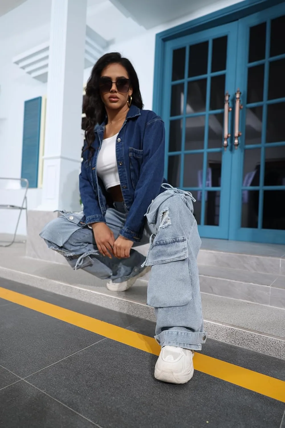 Ryehack Women??s Baggy Jeans Y2k Cargo Jeans Casual High Waist Baggy Denim Cargo Pants with Pockets Streetwear