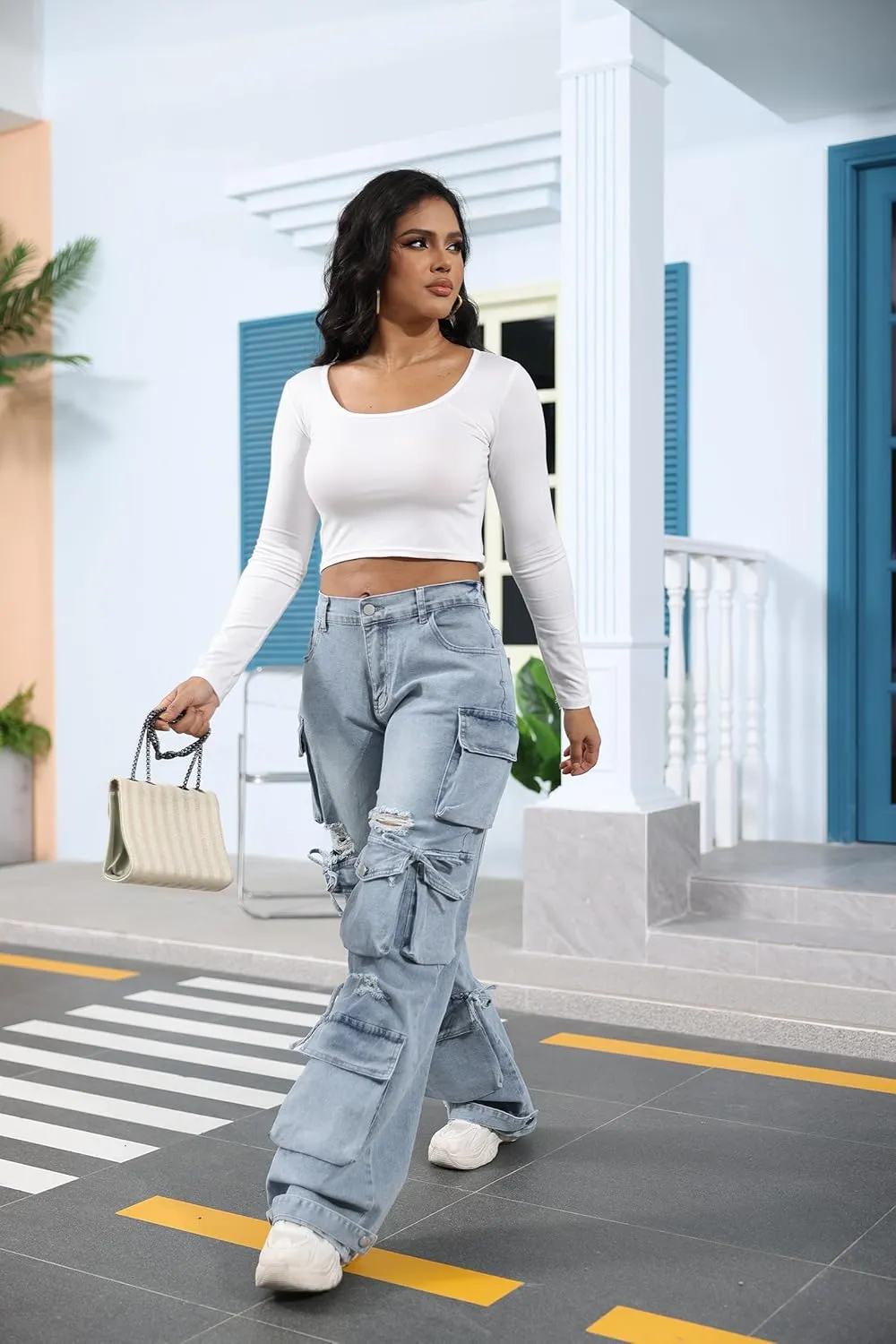 Ryehack Women??s Baggy Jeans Y2k Cargo Jeans Casual High Waist Baggy Denim Cargo Pants with Pockets Streetwear