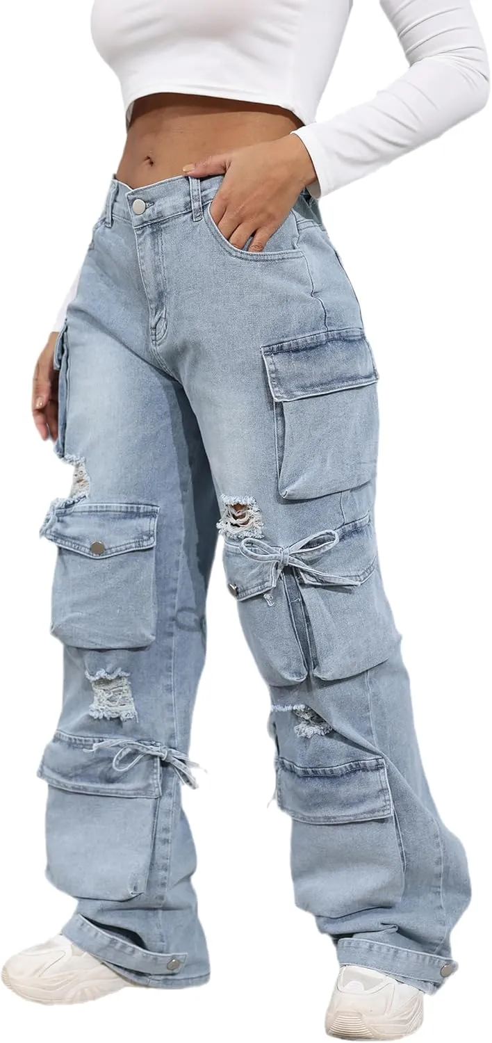 Ryehack Women??s Baggy Jeans Y2k Cargo Jeans Casual High Waist Baggy Denim Cargo Pants with Pockets Streetwear